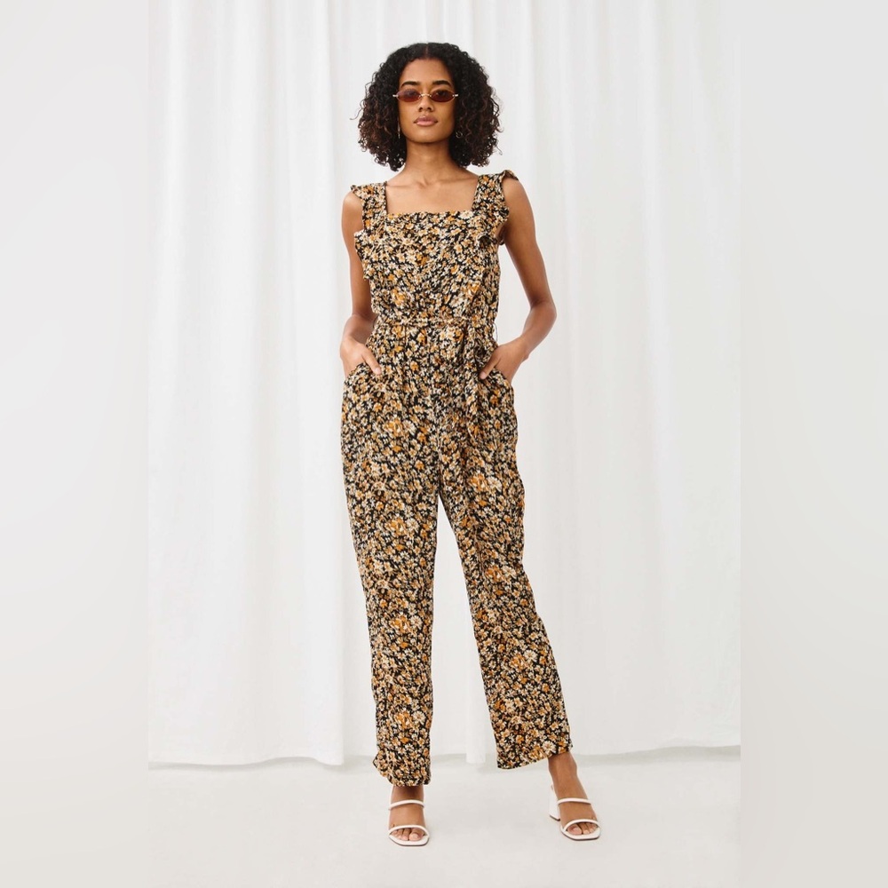 Baltic Born Black & Marigold Floral Ruffle Strap Jumpsuit | Size: Large | NWT